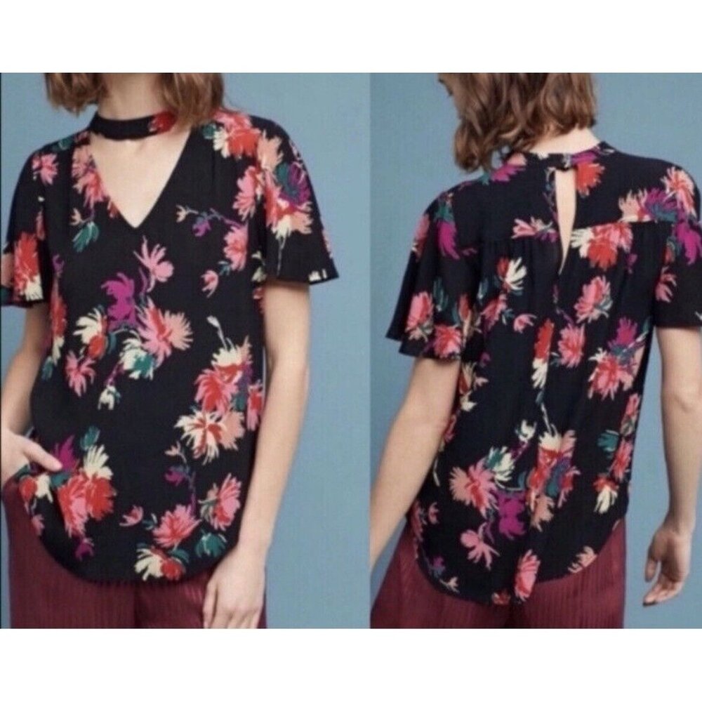 anthropologie maeve Chiffon bella‎ floral keyhole choker blouse Medium